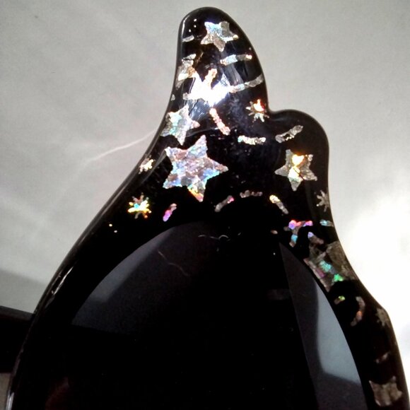 Sunglasses Black Cat Eye Retro Glitter Frame Moon Stars Smoky Lens - Picture 6 of 11